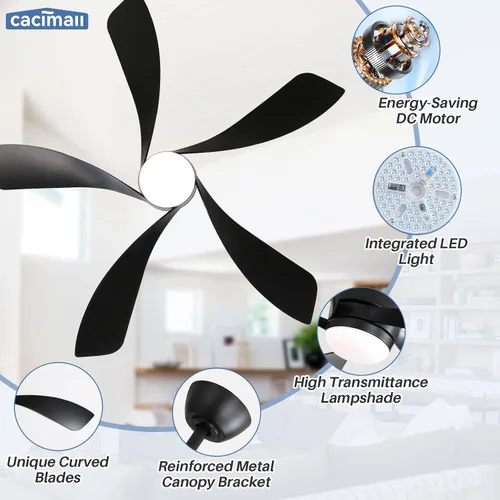 Vista 8 de CACI Mall Ventilador de techo inteligente de 52 pulgadas con luces, control remoto, compatible con Alexa/Google/App, 5 cuchillas, iluminación