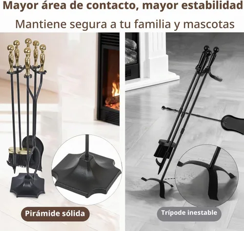 Vista 6 de Juego de herramientas para chimenea de AMAGABELI GARDEN & HOME, 5 piezas, mango dorado, de hierro forjado, con soporte, incluye pinzas, pala