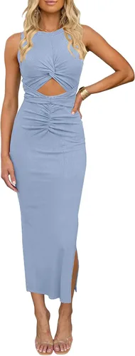 Vista 10 de oten Vestido largo sexy para mujer, fruncido, sin mangas, con nudo y abertura, acanalado, para fiesta, club, salida nocturna
