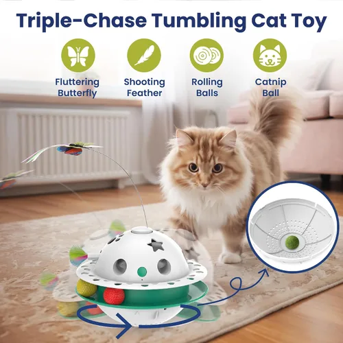 Vista 2 de PAWSPIK Triple Chase - Juguete interactivo 4 en 1 para gatos, juego de pelota de goteo, mariposa, pluma y hierba gatera, activado por movimiento
