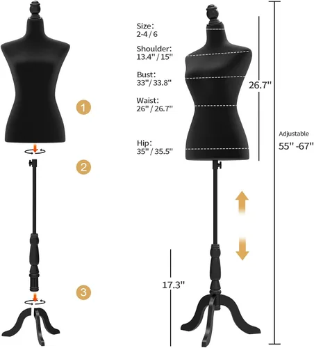 Vista 2 de Bonnlo Maniquí de costura, apto para clavar alfileres, para vestido de mujer, con base de trípode de madera.