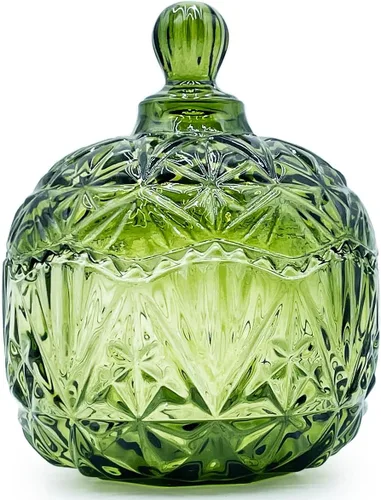 Vista 20 de Tarro de almacenamiento de caramelos de vidrio de cristal colorido con relieve, lujoso recipiente para buffet de galletas con tapas, caja