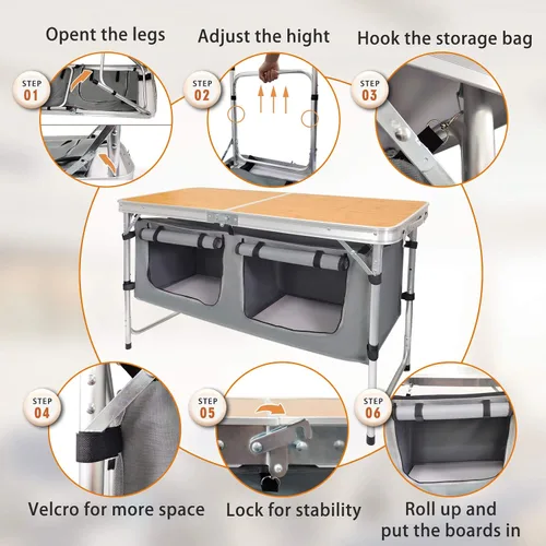 Vista 5 de CampLand - Mesa plegable de aluminio para exteriores, ligera, de altura ajustable con organizador de almacenamiento para barbacoa, fiesta, camping