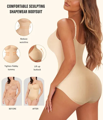Vista 4 de Irisnaya Body adelgazante para mujer, moldeador de abdomen, tirantes delgados, camisola, leotardos, bodycon