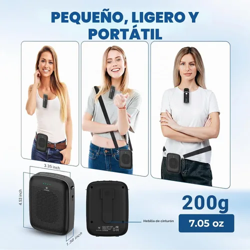 Vista 5 de Amplificador de voz con micrófono inalámbrico de solapa para profesores 15W Portable Mini Bluetooth PA System and Clip-on Lavalier Mic for