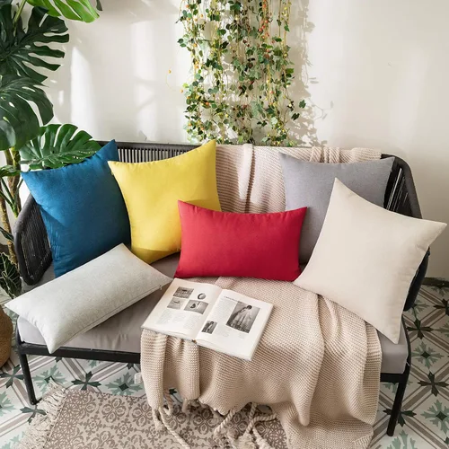 Vista 4 de MIULEE Paquete de 2 fundas de almohada decorativas para exteriores, impermeables, sólidas, de lino sintético, para jardín, granja, patio, tienda