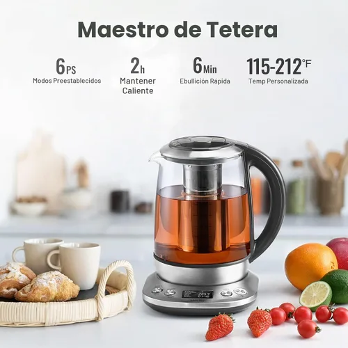 Vista 2 de Mecity Tetera eléctrica de vidrio de borosilicato con control de temperatura e infusor - Pantalla LCD y programas de preparación preestablecidos