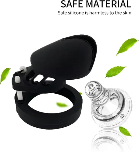 Vista 2 de Dispositivo de castidad masculino de silicona suave con 5 anillos, dispositivo de jaula de castidad masculina de color negro con cerradura y llave