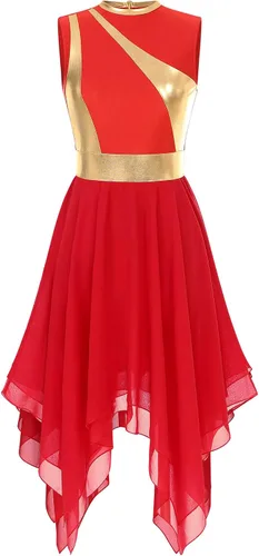 Vista 16 de Vestido de mujer de alabanza litúrgica con bloques de color, sin mangas, con dobladillo irregular, de estilo lírico para danza Borgoña