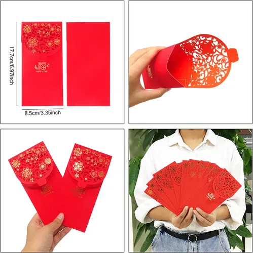 Vista 2 de Honbay - 10 sobres chinos rojos Lucky HongBao, 7.0 x 3.3 in/6.97 x 3.35 pulgadas - Felicitaciones y prosperidad (Bendición)
