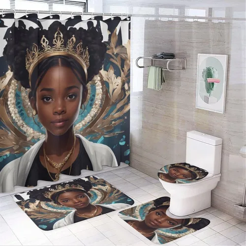Vista 2 de Juego de alfombras de baño de 3 piezas, antideslizantes y suaves, para mujeres afroamericanas, tapete de baño con corona de reina afroamericana