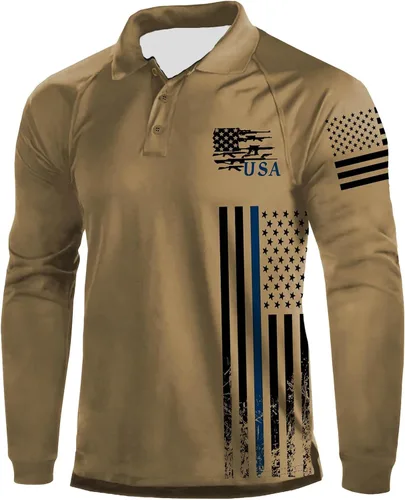 Vista 16 de Camisa polo de manga larga con bandera estadounidense para hombre, cuello gráfico patriótico, camiseta de golf, moderna, casual, cuello en V, tops