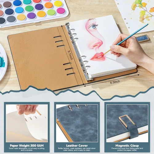 Vista 2 de Prudiut 30 hojas cuaderno de bocetos de acuarela, 140 lb/300 GSM papel de acuarela prensado en frío diario de acuarela para pintar, dibujar, medios