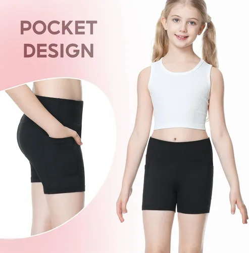 Vista 5 de B&GCozy Paquete de 3 pantalones cortos de voleibol para niñas con bolsillos, pantalones cortos de compresión atléticos para gimnasia, yoga, danza