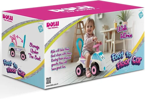 Vista 3 de DOLU: Walk & Drive - Coche de pie a piso, blanco y rosa, vehículo de juguete para montar, bocina, asiento de almacenamiento, mango de empuje, juego
