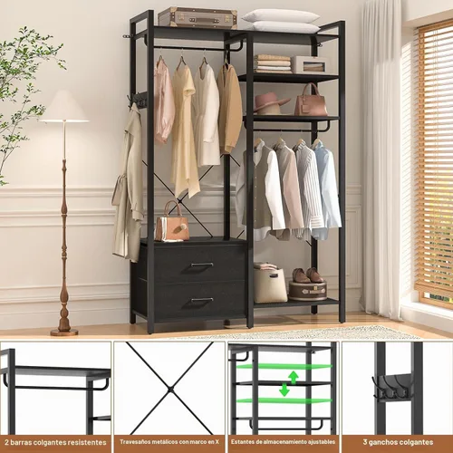 Vista 6 de Perchero de 78.7 pulgadas para colgar ropa, perchero reversible con 2 cajones, percheros resistentes con estantes, sistema de armario portátil Negro