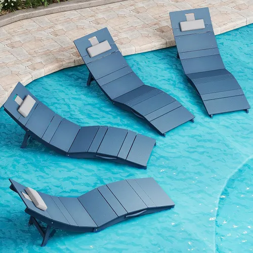 Vista 12 de Juego de 4 sillas de piscina para exteriores, resistentes a la intemperie, sillas de bronceado plegables con reposacabezas, soporta hasta 400 Azul