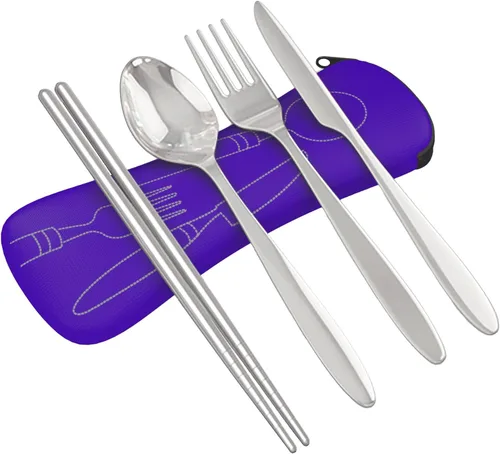 Vista 12 de Set de 4 unidades (cuchillo, tenedor, cuchara, palillos) para Viajes/Camping –Cubertería de acero inoxidable con funda de neopreno