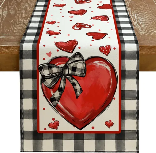 Vista 8 de GEEORY Camino de mesa para el día de San Valentín de 13 x 72 pulgadas, corazones rojos y lunares, decoración decorativa de mesa de granja