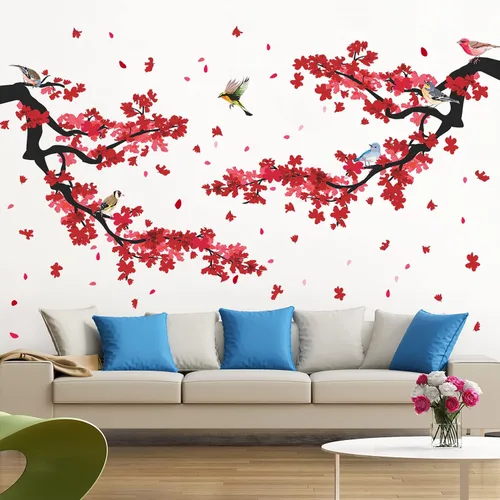 Vista 6 de Adhesivo decorativo para pared de ramas de ciruelo rojo 3D, diseño creativo, pájaros, estilo pastoral, extraíble, despegar y pegar, para niños