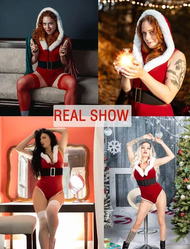 Vista 2 de Avidlove Body de peluche con capucha para mujer, lencería de Navidad con cinturón