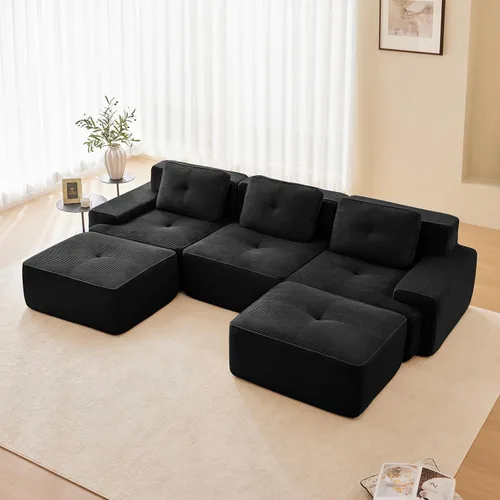Vista 75 de Sofá moderno comprimido sin armazón de 116", sofás seccionales de 3 plazas para sala de estar, sofá seccional modular de pana verde nube, espuma