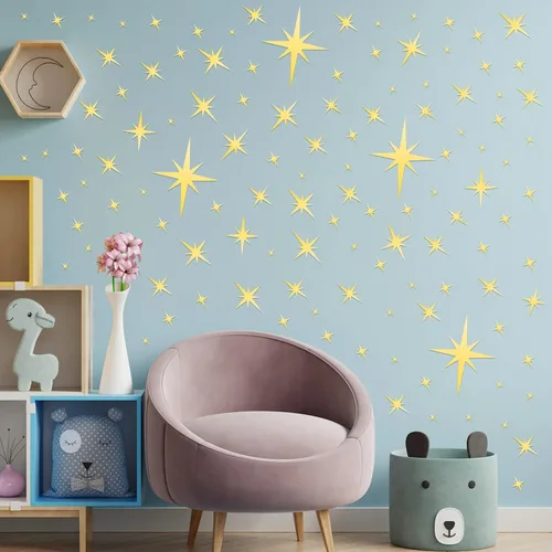 Vista 6 de Zonon - 82 piezas de calcomanías de espejo para pared, calcomanías de estrella decorativas, removibles, 3D, espejo acrílico, calcomanía de estrella