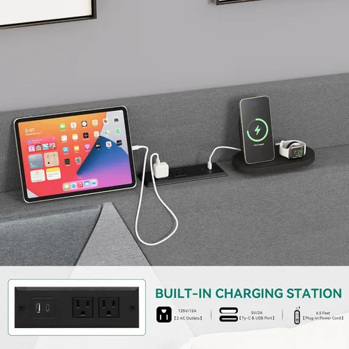 Vista 4 de YITAHOME Base de cama Queen con puertos tipo C y USB, plataforma tapizada de lino con cabecera de almacenamiento de lino, no necesita somier, sin