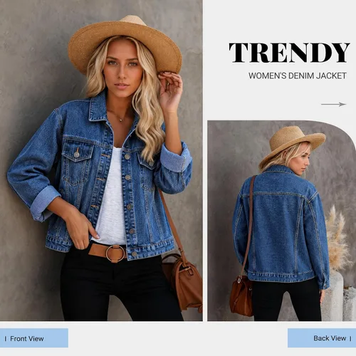 Vista 2 de Chaqueta de mezclilla para mujer, desgastada, con botones, con bolsillos.