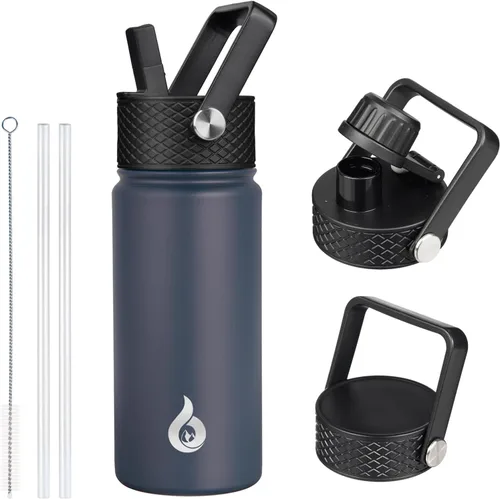 Vista 115 de BJPKPK Botellas de Agua Aisladas con Tapa de Pajita, Botella de Agua de Acero Inoxidable de 18oz, Termo Frío Caliente con 3 Tapas, Vaso de Viaje a