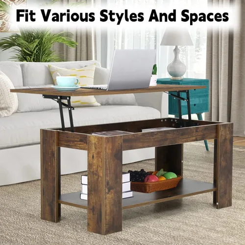 Vista 7 de Mesa de centro elevable con compartimento oculto y almacenamiento, mesas de centro elevables de madera moderna para sala de estar y sala