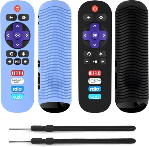 Vista 2 de Paquete de 2 fundas de silicona para control remoto TCL Roku TV RC280, repuesto universal, ligera, a prueba de golpes, TCL Roku TV, con cordón Negro