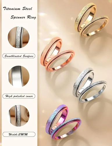 Vista 6 de Diamday Anillos Fidget para Mujeres y Hombres - Anillo Spinner de Acero Inoxidable 2/4 para Alivio de Ansiedad y Estrés con Purpurina Chorro
