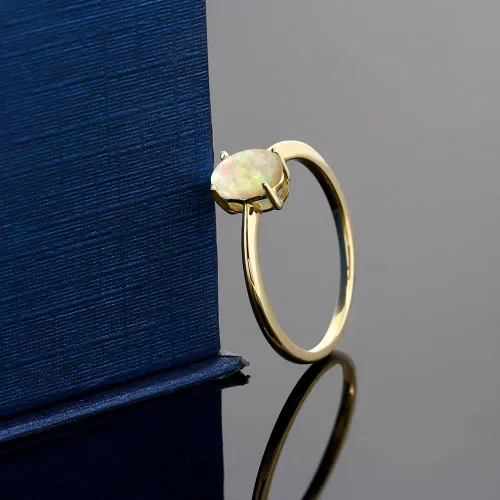 Vista 4 de Gem Stone King Anillo de compromiso solitario de oro amarillo de 10 quilates con ópalo etíope blanco para mujer cabujón ovalado de 051 quilates