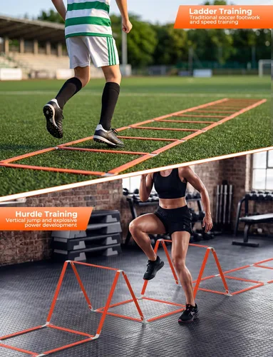 Vista 12 de GHB Tangle-Free Agility Ladder Hurdles, 15ft 11 Rungs Amarillo-6 conos
