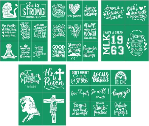 Vista 15 de DGAGA 17 Piezas Plantillas Inspiradoras de Serigrafía con Pasta de Tiza, Plantillas Adhesivas Motivacionales Reutilizables de Transferencias