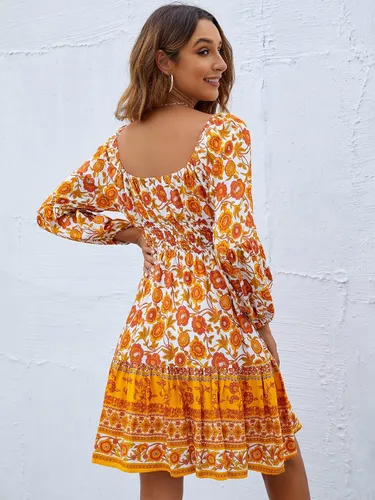 Vista 2 de FARORO Vestidos fruncidos para mujer manga farol bohemio floral volantes hombros descubiertos vestido corto acampanado