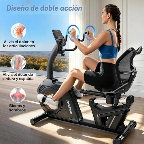Vista 3 de pooboo - Bicicleta reclinada para ejercicios, bicicletas estáticas para el hogar con ejercitador de brazos, bicicleta reclinada magnética