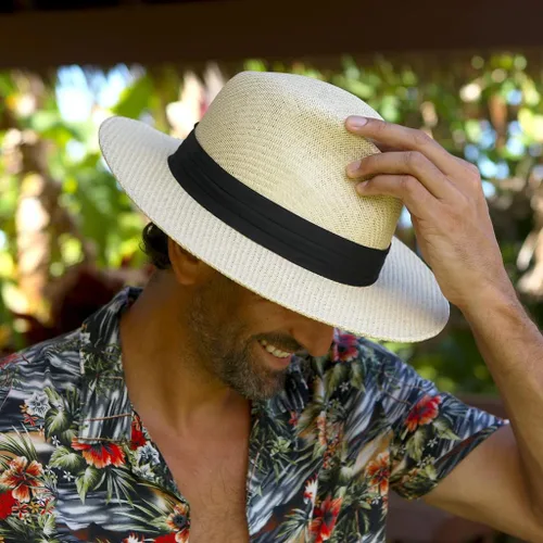 Vista 2 de Matte Toyo Sombrero de paja Safari para hombre con banda de cinta de 3 pliegues