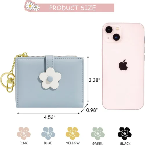 Vista 4 de Sunwel Fashion Pequeña y bonita cartera de tres pliegues delgada cartera con ventana de identificaciónfoto tarjetero con hebilla de patrón de flores