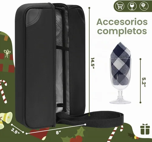 Vista 4 de ALLCAMP - Bolsa de vino con compartimento refrigerador, juego de picnic que lleva dos juegos de vajilla Juego completo con 2 vasos, sacacorchos