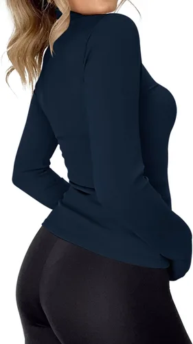 Vista 2 de Rapbin Camiseta de manga larga para mujer, cuello alto, básica, elástica, ajustada, ligera, térmica