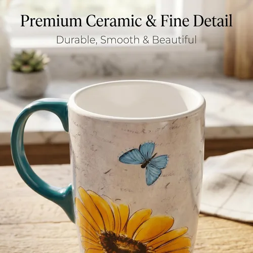 Vista 7 de Taza de café de cerámica de 17 onzas con tapa, taza de viaje de porcelana floral de margarita, taza de café alta con asa, apta para microondas