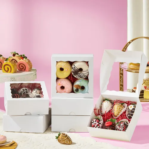 Vista 5 de 20 piezas cajas de panadería elegantes de 6 x 6 x 2.5 pulgadas con ventana, ideales para galletas, fresas cubiertas de chocolate, pasteles