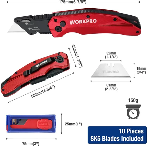 Vista 2 de WORKPRO Cuchillo Utilitario Plegable, Metal Resistente, Cortador de Caja de Bloqueo de Eje de Apertura Rápida, Cuchillo de Hoja de Cambio Rápido, 1