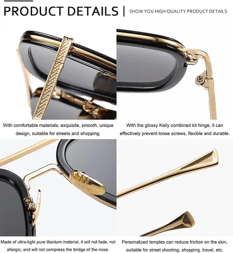 Vista 7 de SHEEN KELLY Trendy Square Pilot Sunglasses Men Women Vintage Rectangular Metal Frame Shades Eye Glasses Tony Stark
