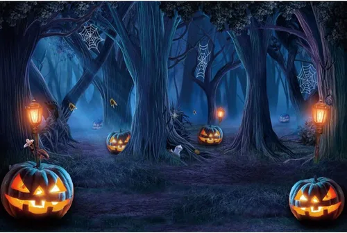 Vista 4 de Renaiss Telón de fondo de Halloween con telaraña, árboles, lámpara de calabaza, bosque sombrío, fotografía, fondo espeluznante, luz de luna