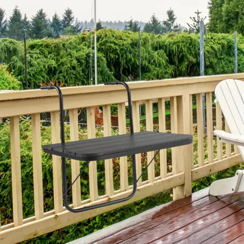 Vista 3 de Mesa de barandilla plegable para balcón, mesa de bar para balcón al aire libre, mesas de bar para barandillas colgantes de aluminio ajustable