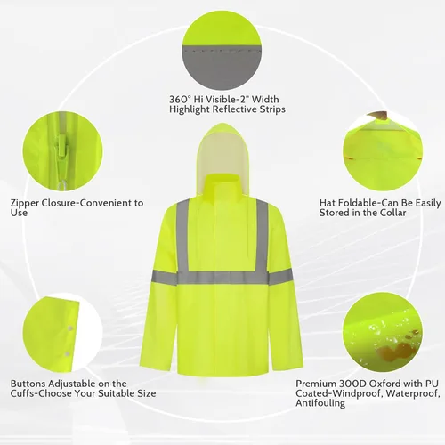 Vista 3 de TCCFCCT Chaqueta de lluvia de alta visibilidad para hombre, impermeable, abrigo de lluvia de alta visibilidad para hombres y mujeres con capucha