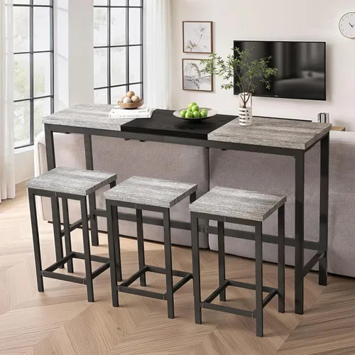 Vista 14 de Merax Juego de mesa de comedor extra larga de 4 piezas con 3 taburetes y reposapiés, mesa de comedor de cocina de diseño moderno, mesa de pub, juego